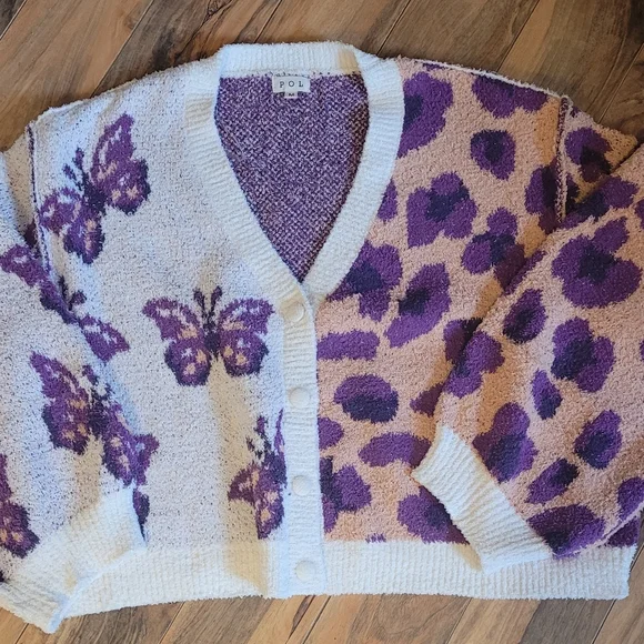 POL Butterfly & Leopard Contrast Cardigan, NIB, MED, Peach/Purple, New Release🦋 - Picture 7 of 16